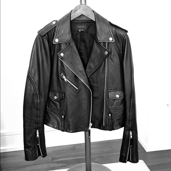 Theory Dalayan Womens Black Leather Moto Jacket - Picture 1 of 3
